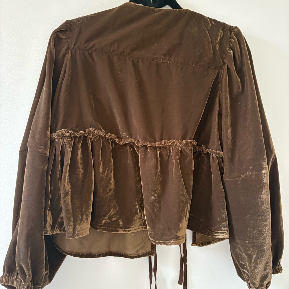 Free people brown velvet jacket ties in front